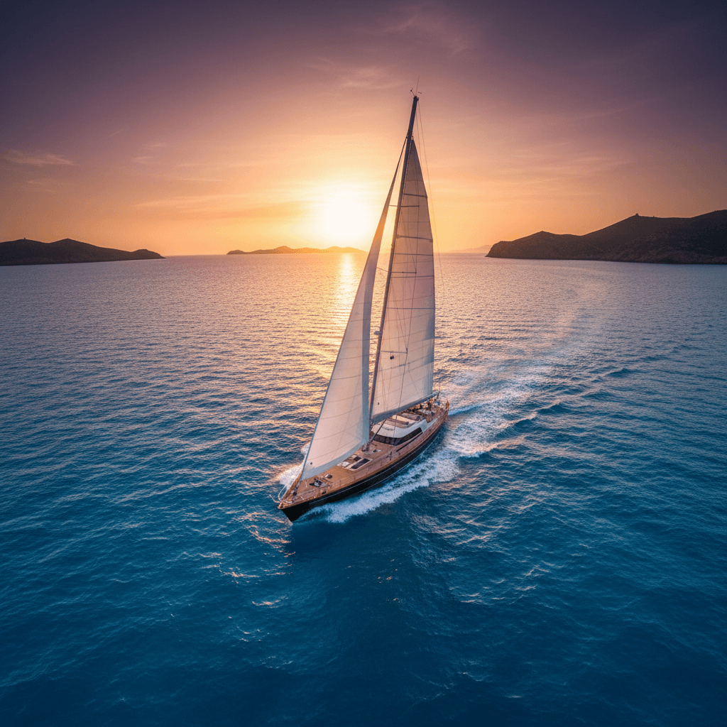 Luxury sailing yacht in Mediterranean waters at sunset with golden light reflecting on calm seas